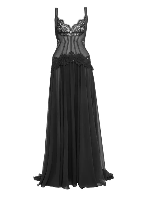 NISSA lace-trim chiffon corset gown Black RS16294BLACK