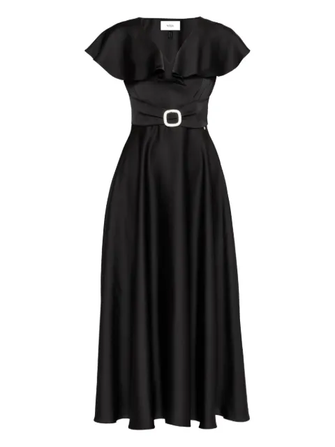 NISSA ruffled belted satin dress Black RS16526BLACK
