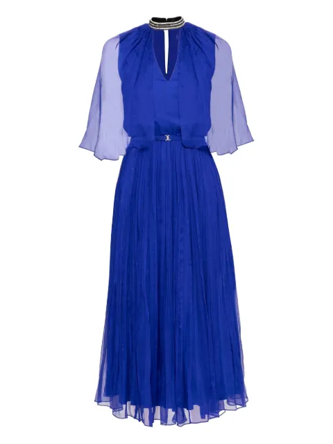 NISSA crystal-detail pleated silk dress Blue RS16208BLUE