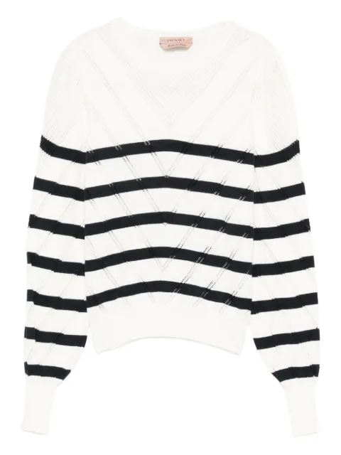 TWINSET striped cotton and cashmere crew neck jumper White 261TP3230