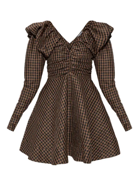 GANNI V-neck checked mini dress Brown A1030108