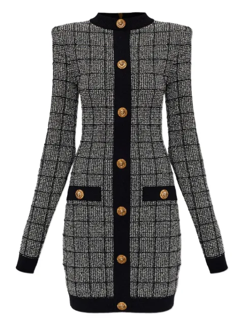 Balmain checked-pattern long-sleeve dress Grey GF1R8920KJ48