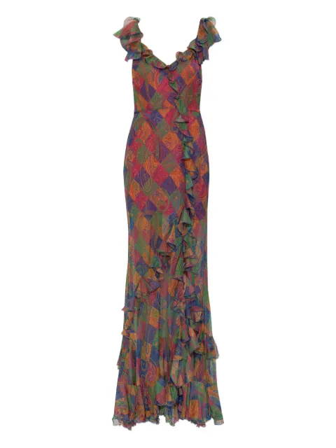ETRO silk long dress with ruffles and geometric Paisley motif Blue WRHA056499SA1N1