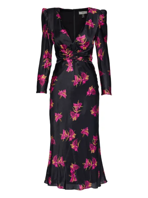 NISSA floral belted silk midi dress Black RC16368A