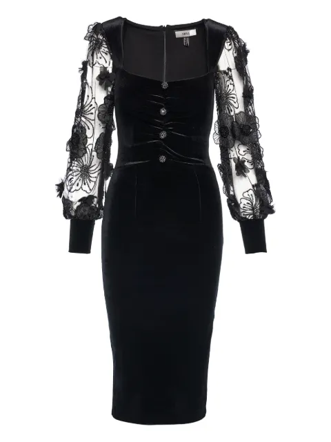 NISSA 3D-flowers velvet midi dress Black RS16100