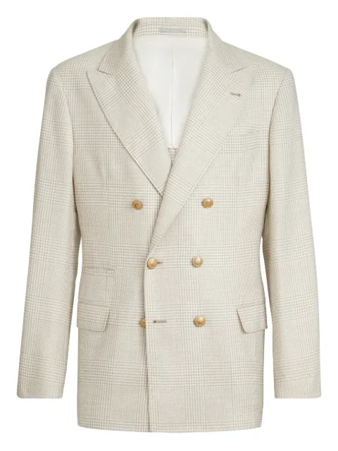 Brunello Cucinelli virgin wool, silk and linen Prince of Wales one-and-a-half breasted deconstructed blazer with metal buttons Neutrals MZ4197BPDGC001