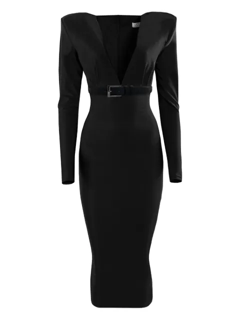 Vestiaire d'un Oiseau Libre V-neck belted midi dress Black LYCRAMIDIDRESS