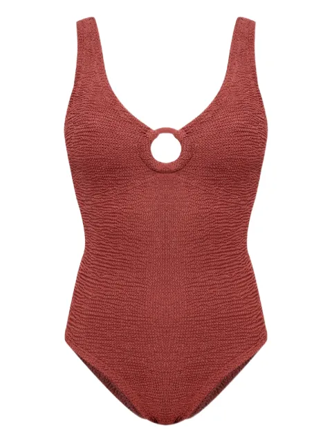Hunza G Celine crinkled-effect swimsuit Brown COVERAGECELINESWIMWITHFABRICCOVEREDHOOPSMMETALLICCRINKLE