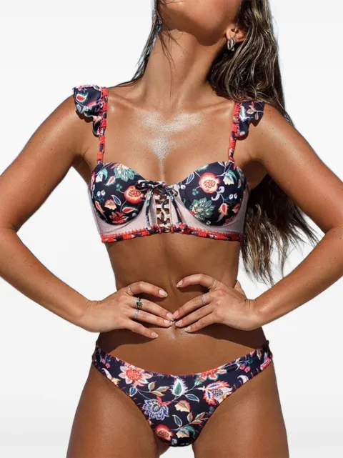 Del Maar Juno floral-print crochet-trim bikini bottoms Blue DMAL45BOTTOM