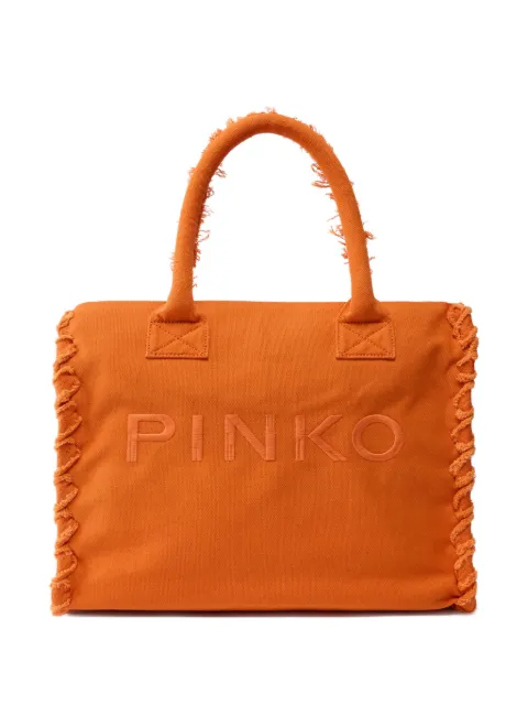 PINKO medium beach shopping tote in canvas with logo and fraying Orange 106673A3A4