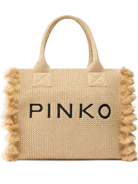 PINKO medium beach shopping tote in raffia with logo and tassels Neutrals 106673A39Y