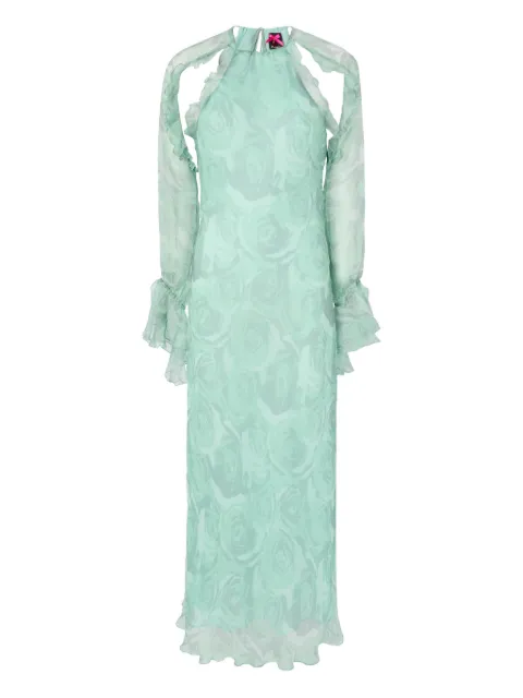 PINKO silk midi dress with rose print and open shoulders Green 106322A34Q