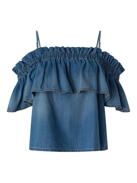 PINKO denim top with ruffle and open shoulders Blue 106568A37K
