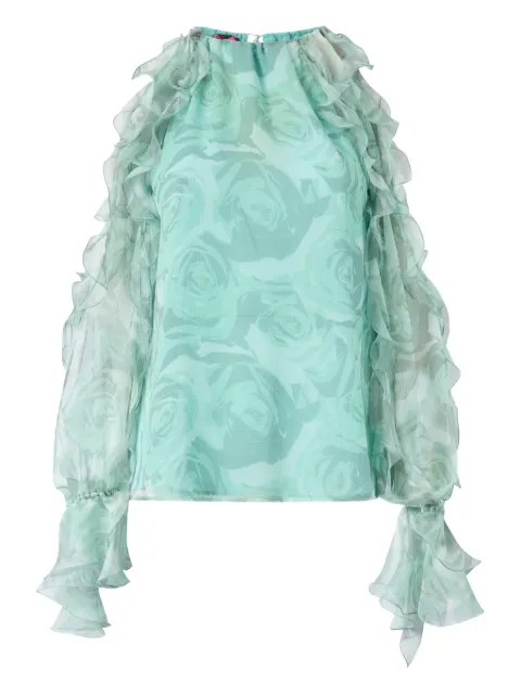 PINKO silk blouse with rose print and open shoulders Green 106298A34Q