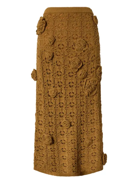 PINKO crochet-effect midi skirt with appliqué flowers Brown 106861A3B8L25