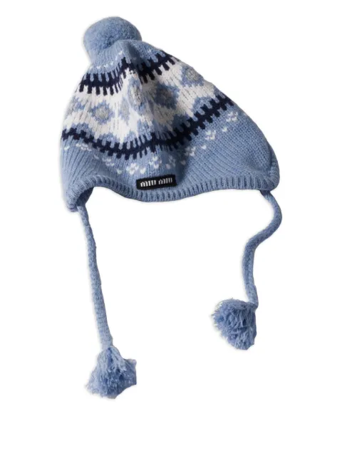 Miu Miu island pattern ear-covering beanie hat Blue 5HC48818SI