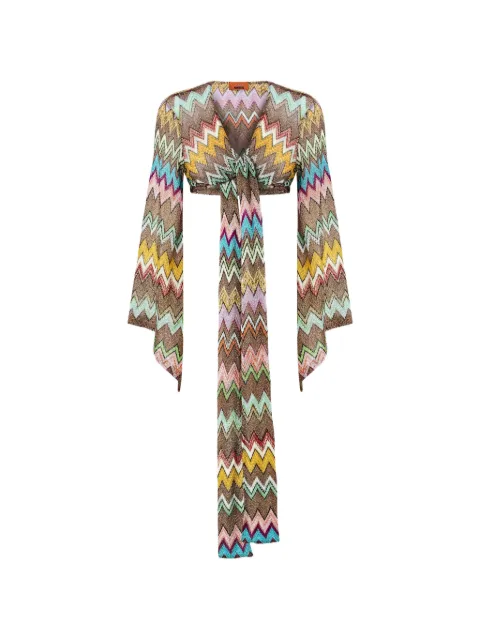 Missoni long-sleeved wrap top in lamé viscose with macro zigzag pattern Brown MS25SK04BR014K