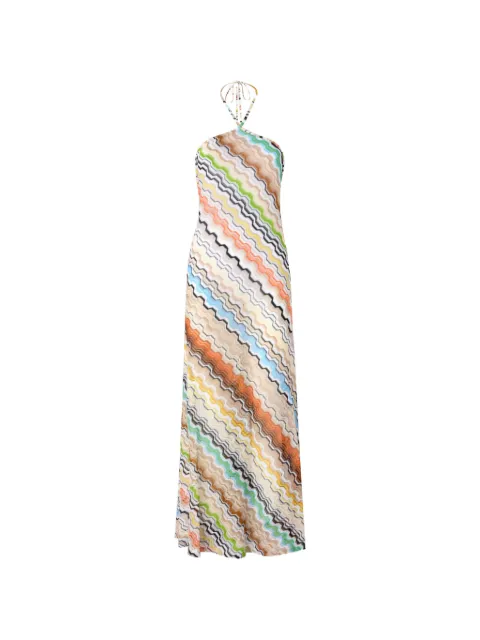 Missoni long cover-up dress with halterneck and greek motif Neutrals MC26SQ0FBR015E