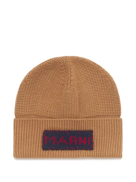 Marni wool fisherman's rib beanie with patch Brown CLZC0183Q0UFW622
