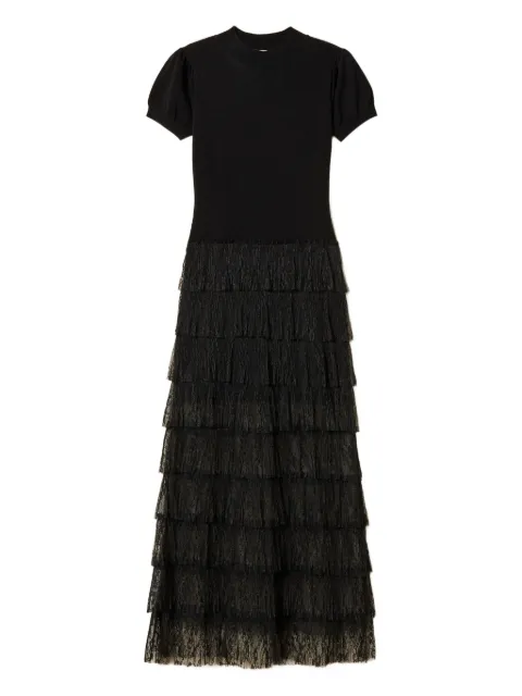 TWINSET long knit dress with plumetis lace Black 261TP3163