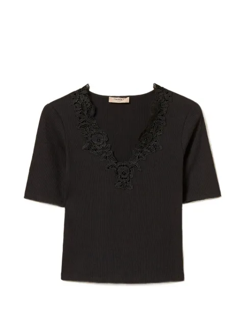 TWINSET ribbed T-shirt with lace Black 261TT2361