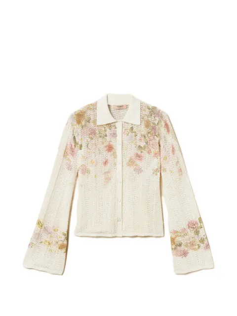 TWINSET linen blend floral knit shirt Neutrals 261TT3220