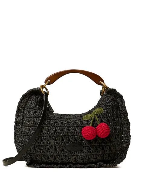 TWINSET crochet raffia Croissant bag with cherries Black 261TD8301