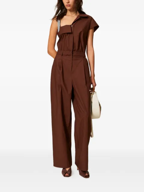 TWINSET recycled poplin one shoulder jumpsuit Brown 261AP2087