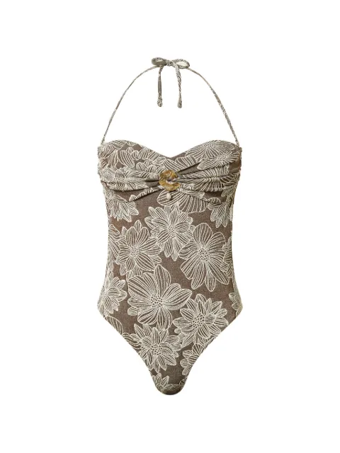 TWINSET jacquard one-piece swimsuit with pearl Brown 261LMMB00