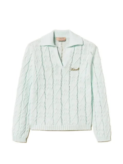 TWINSET polo collar cable knit jumper with brooch Green 261TP3490
