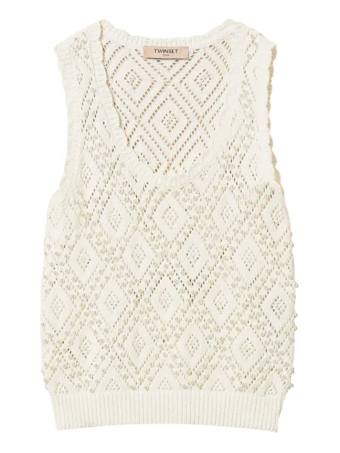 TWINSET diamond pattern knit top with pearls White 261TP3202