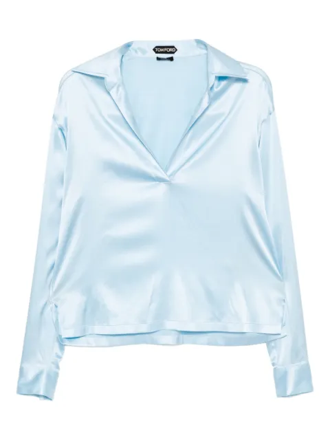 TOM FORD logo-embroidered satin polo top Blue TS2144FAX881