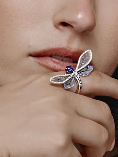 Jewels Aficionado 18K White Gold diamond blue sapphire dragonfly ring Silver JAR34DCA