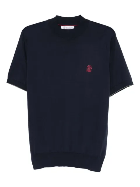 Brunello Cucinelli embroidered-logo knitted T-shirt Blue M29800104CW425