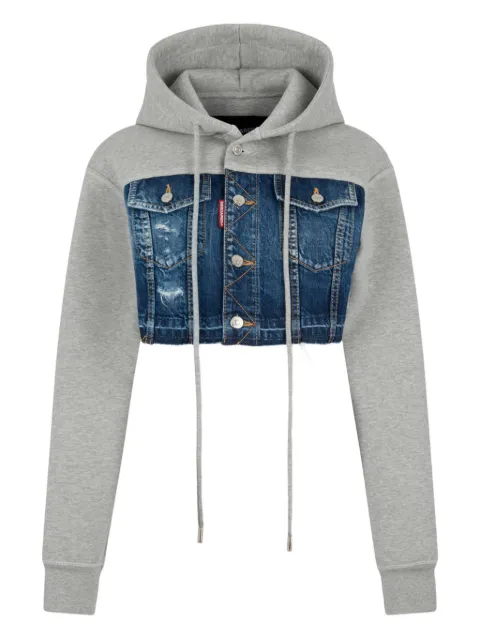 DSQUARED2 medium ripped wash denim mix cropped hybrid hoodie Grey S75HG0118DTJ004