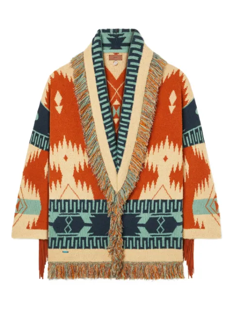 Alanui Golden Dusk geometric-pattern fringed cardi-coat Orange LWHB064R26KNI0052019