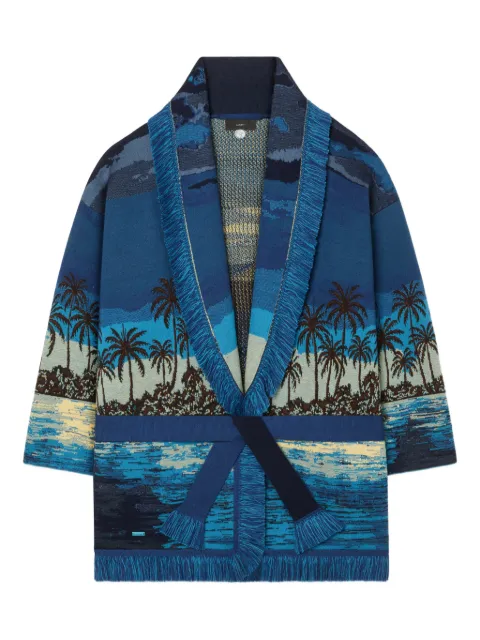 Alanui Lost in The Blue fringed belted cardi-coat Blue LWHB064R26KNI0204645