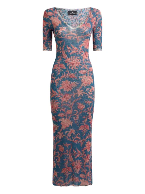 ETRO stretch tulle midi dress with floral motif Blue WRHA014599SASV0