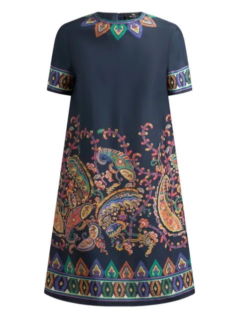 ETRO silk mini tunic dress with placed floral Paisley print Blue WRHA0562AKG17