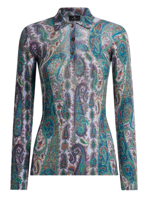 ETRO ribbed wool polo shirt with leafy Paisley motif Green WRKE0236AKF20