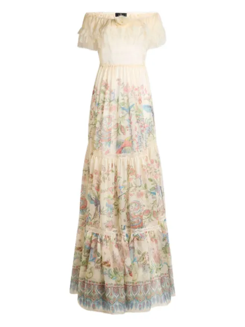 ETRO long silk dress with placed flora and fauna print Neutrals WRHA057099SP1K5