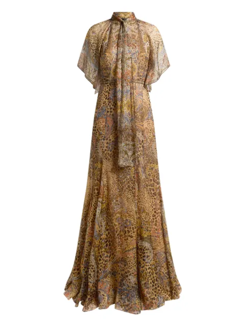 ETRO long silk dress with silk scarf and Paisley and animal motif Neutrals WRHA052799SP1K8