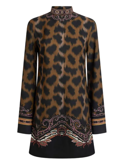 ETRO mini tunic dress in envers satin with animal motif Brown WRHA0540AV913