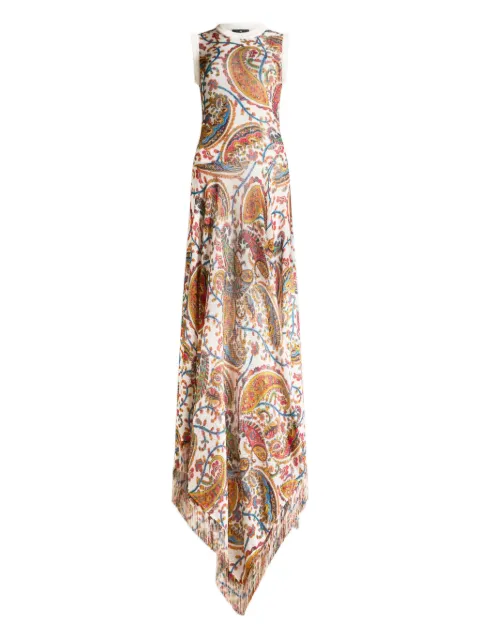 ETRO knit long dress with fringing and floral Paisley motif White WRKA0122AKD50