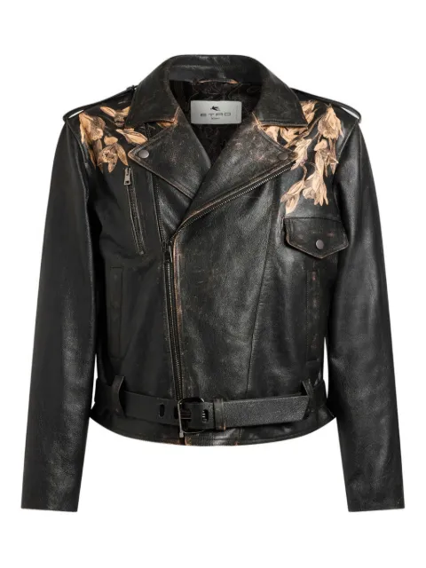 ETRO leather biker jacket with placed leopard print Black MROA0002AR453