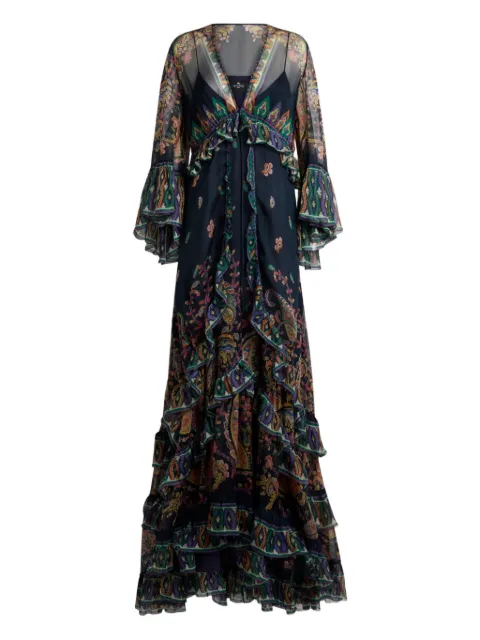 ETRO long silk dress with placed floral Paisley print Blue WRHA053799SP1K4