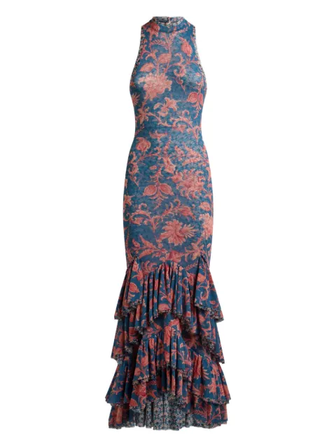 ETRO stretch tulle long dress with floral motif Blue WRHA057499SASV0
