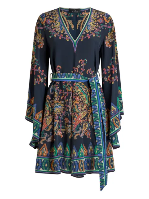 ETRO silk mini dress with placed floral Paisley print and belt Blue WRHA0523AKG15