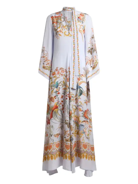 ETRO long silk dress with silk scarf and placed flora and fauna print Blue WRHA0524AKG67