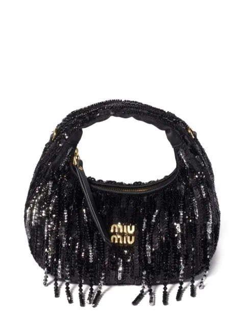 Miu Miu Wander satin mini-bag with crystal and sequin fringe Black 5BP078VWON2IGM